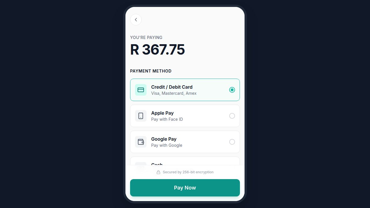 DineDash payment screen with card and Apple Pay options