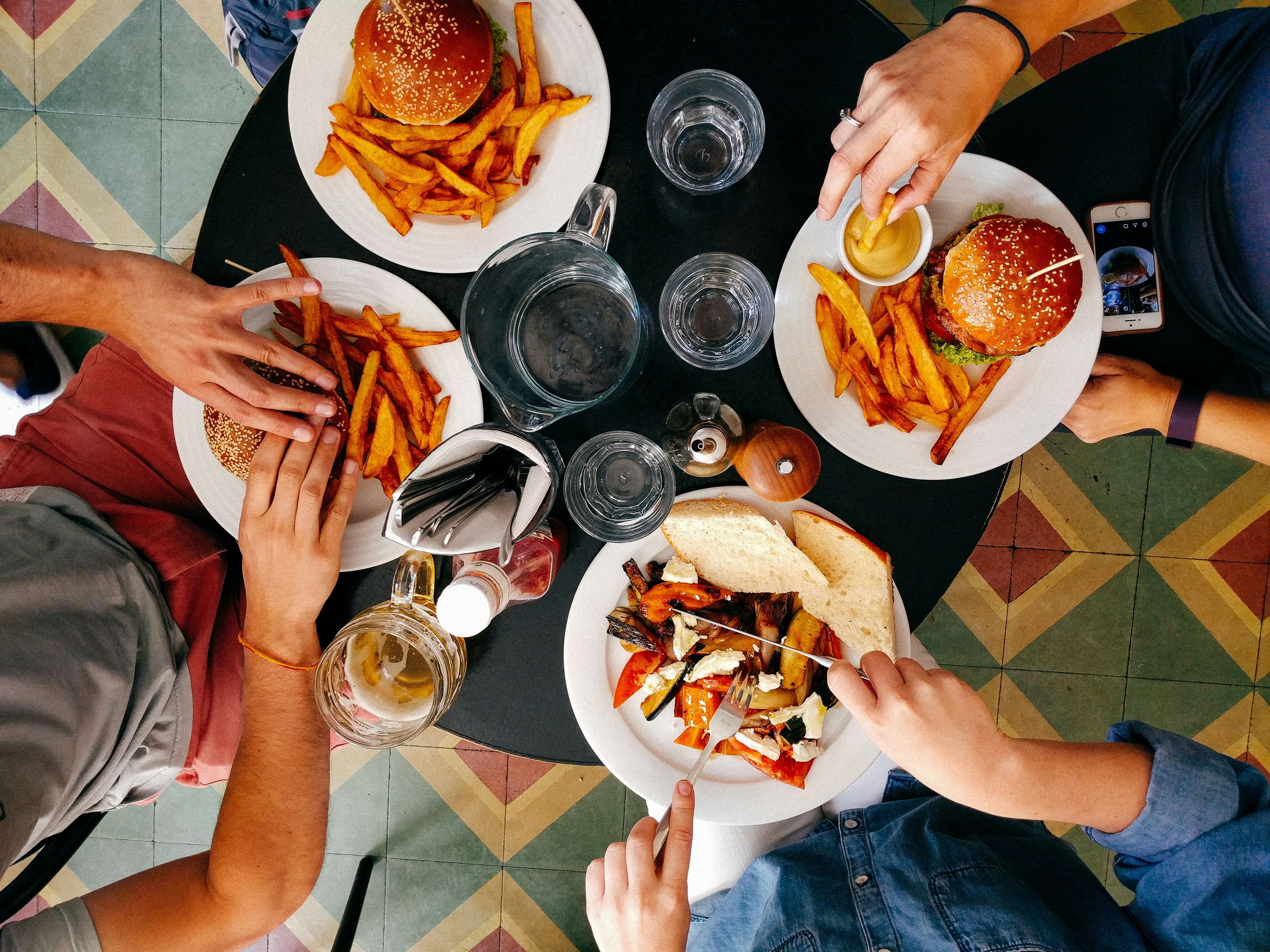 Shared meal on a restaurant table